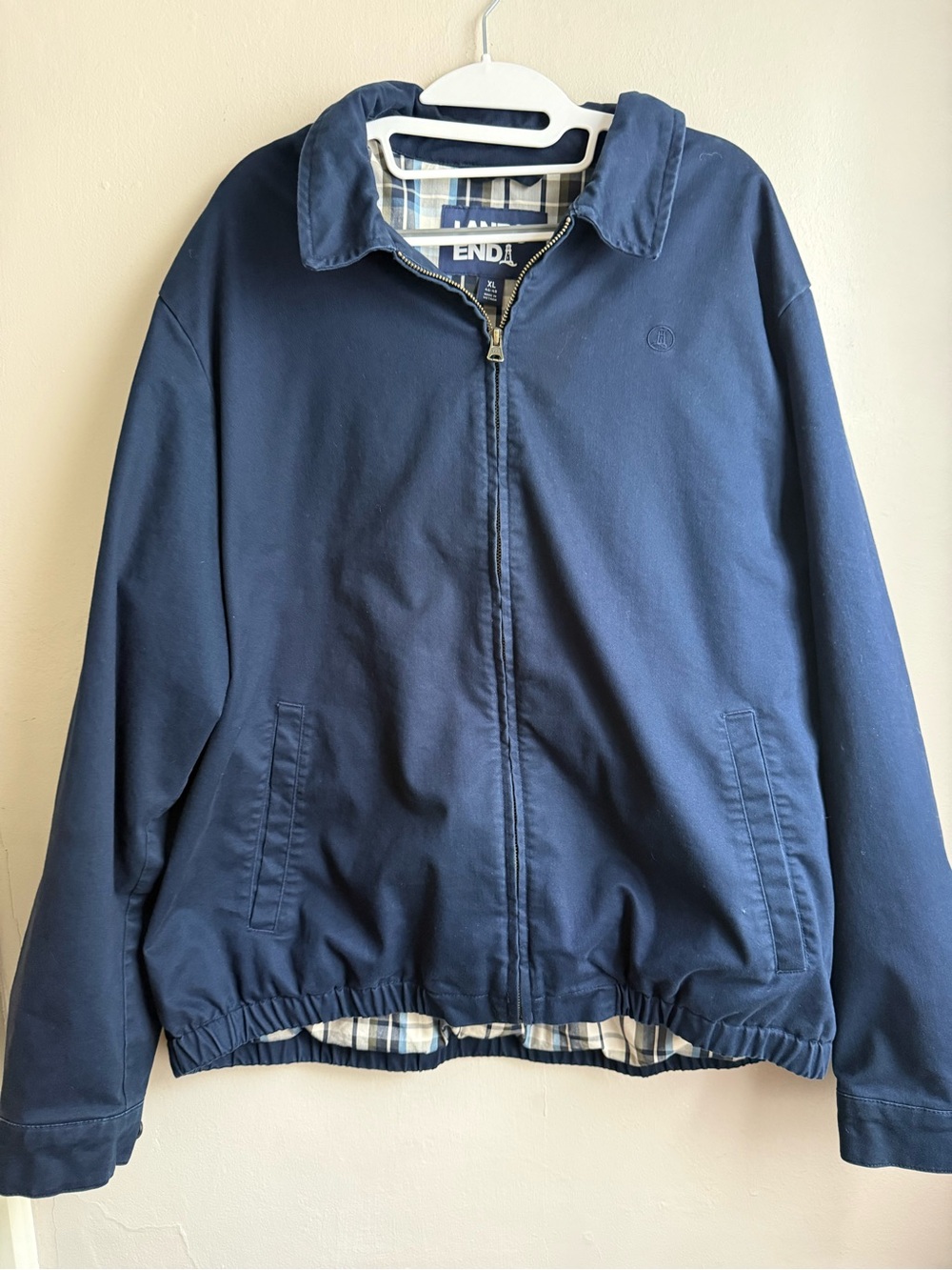 Lands’ End Men’s XL Navy Plaid Lined Heritage Harrington Jacket